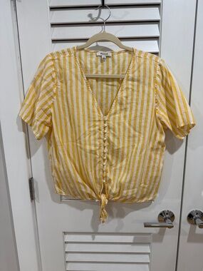 Madewell Yellow and White Stripe Tie-Front V-Neck Blouse